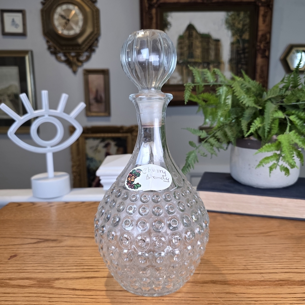 Vintage Hobnail Glass Decanter with Stopper | 10" Clear Bubble Barware Vase